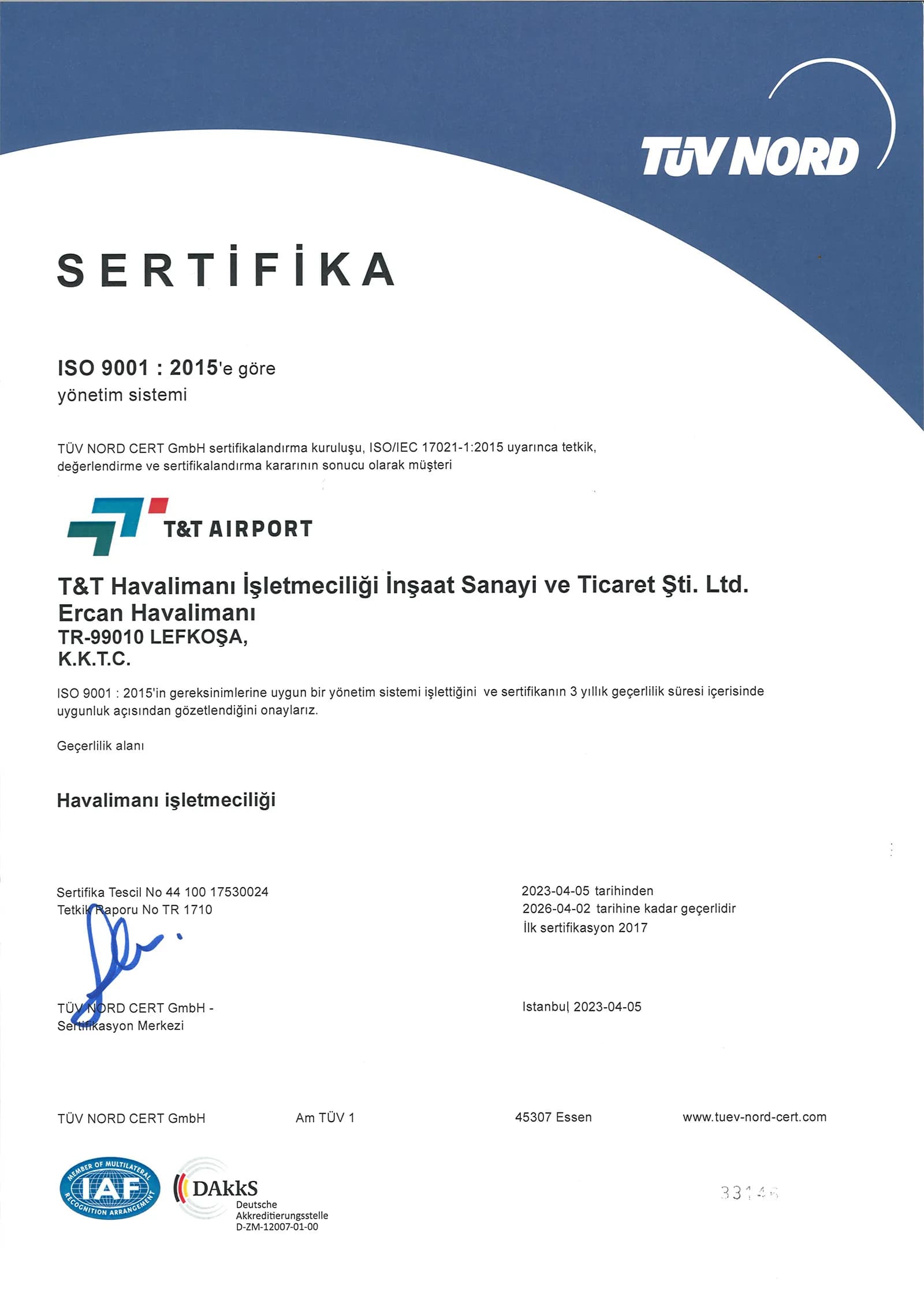 ISO 9001:2015 Kalite Yönetim Sistemi Sertifikası