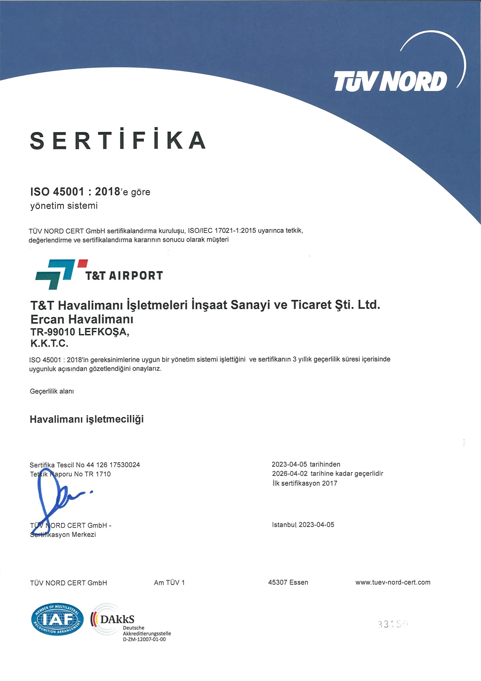 ISO 45001:2018 İş Sağlığı ve Güvenliği Yönetim Sistemi Sertifikası