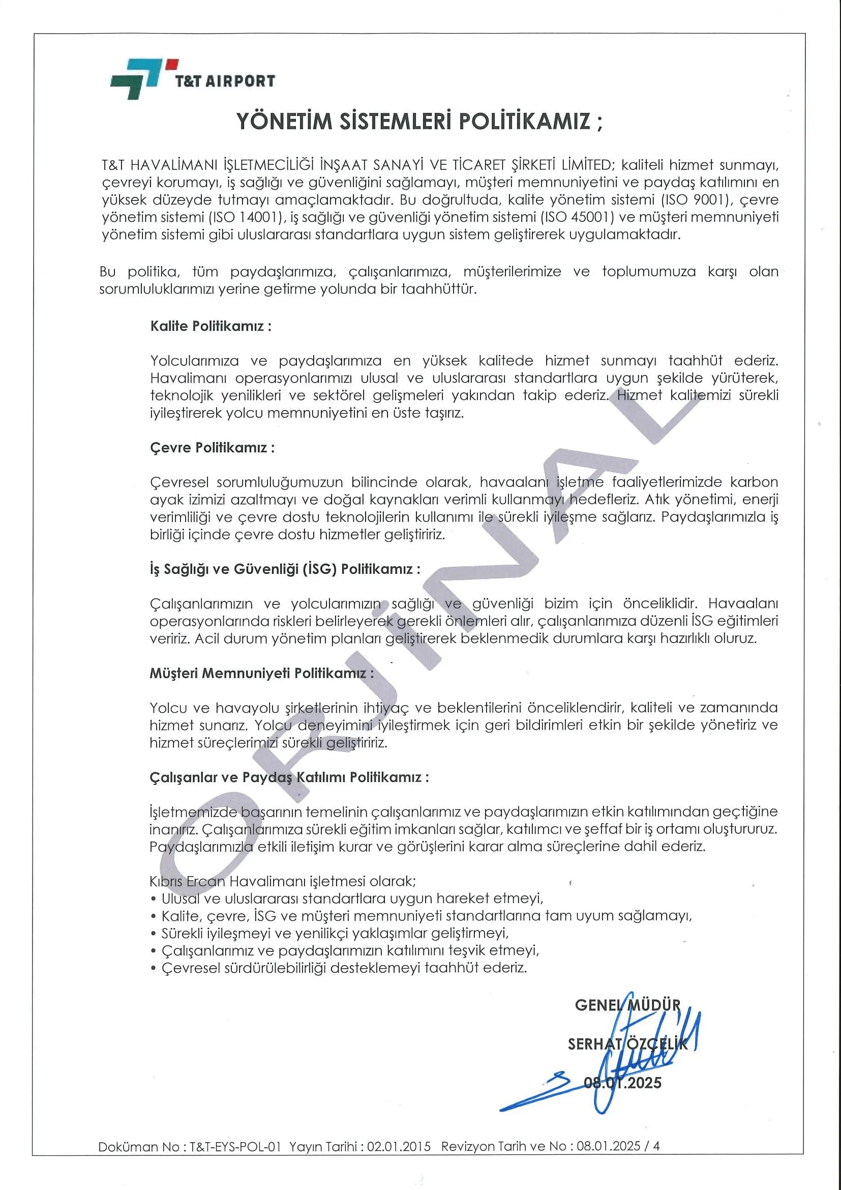 Ercan Havalimanı Yönetim Sistemleri Politikası